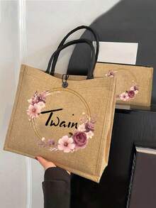 2件套定制姓名花环图案手提袋和化妆包套装，女士亚麻大容量手提袋，购物袋，便携休闲收纳手提包，适合日常出行、海滩度假，大容量购物袋，完美适用于学校、生日、大学、工作、商务、通勤、户外、旅行、度假、返校必备 - 卡其色 - 查看 2
