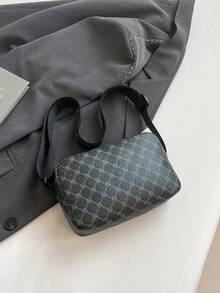 1 pezzo Borsa a tracolla casual da uomo con motivo geometrico stampato in PU nero liscio e zip, di design alla moda piccolo quadrato, borsa messenger con motivo a bocca di squalo aziendale