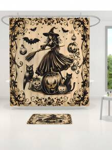 1 Stücke/4 Stücke Halloween Hexe Bad Kürbis Vorhang Dekoration, schönes Einweihungsgeschenk, moderne Heimdekoration, wasserdichter Duschvorhang und Toiletten-Bodenmatte Drei-Teile-Set mit 12 Duschvorhangösen Schulanfang