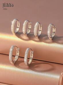 Hihho 6pcs/Set Cubic Zirconia Decor Hoop Earring - Silver - View 2