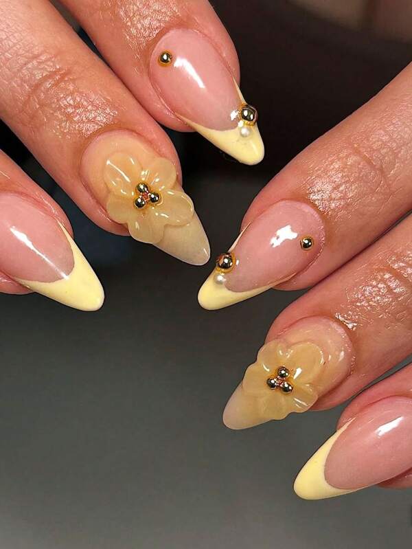 10 peças elegantes de decoração de pérolas com contas, amarelo, francês, feito à mão, transparente, flor espremida, blush amarelo fofo, adequado para mulheres e meninas, casual, faculdade, festa, simples e elegante, formato de amêndoa, unhas postiças, suprimentos para unhas