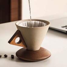 CEEFU Pottery Coffee And Tea Cup With Wood Saucer, Best For Latte, Cappuccino, Tea Or Espresso