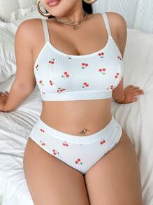 Women's White Cherry Wireless Sports Bra Set, Comfortable, Sweet, And Cute, Thin, Breathable, Plus Size Bra And Panties