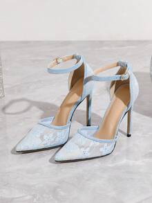 Women Lace Net Stiletto High Heels, New 2025 Design, Light Blue,Elegant,Women Pumps - Baby Blue - View 6