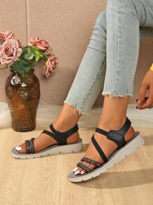 Women's Strap Hook And Loop Sandals, Summer Cross-Strap Casual Fashion Light Wedge-Heel Sandals With Boho Chinese Style Rhinestones, For Outdoor Spring/Summer