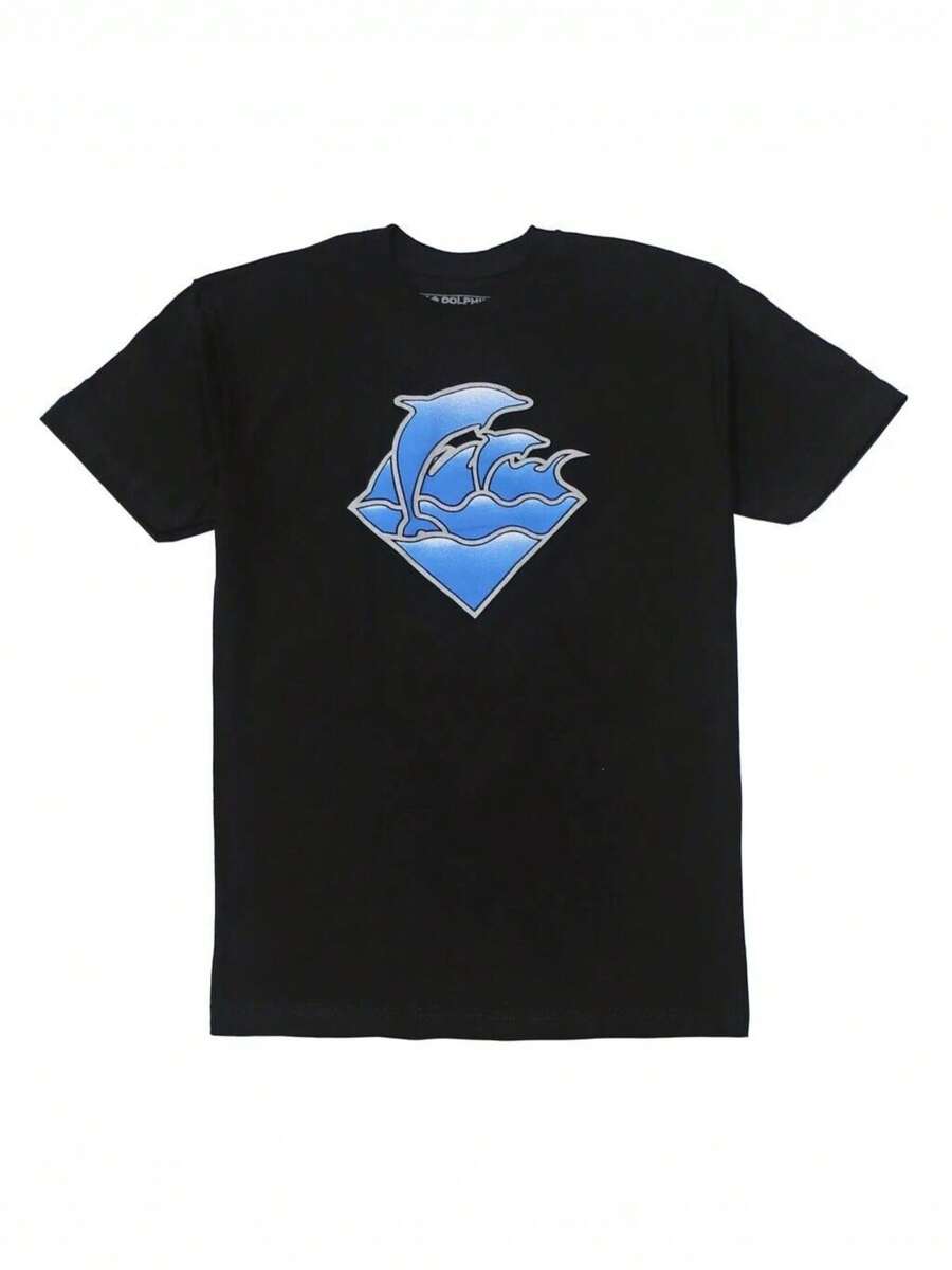 Pink Dolphin Men's Pastel Waves Set Tee T-Shirt,100% Pure Cotton Short Sleeved Shirt, Essential For Summer And Spring, Loose Casual Round Neck, Men's Letter Printed T-Shirt, Suitable For Sports Enthusiasts - 黑色 - 查看 1