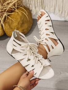 女士时尚多款式夏季和春季新款凉鞋，后拉链，抽绳，镂空设计，圆头，露趾，平底，系带，户外，舒适，加大码，透气