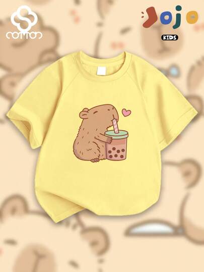 Novo estilo de primavera, camisetas esportivas infantis de algodão puro, macias e confortáveis, com gola redonda, estilo universitário, estilo bonito e casual, capivara, tops estampados com chá com leite