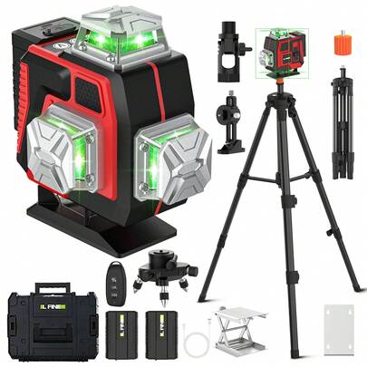 Niveau laser vert 4 x 360°, 4D 16 lignes horizontales et verticales, avec nivellement automatique, 2 piles, avec boîtier en plastique, trépied et divers accessoires pour le bricolage et la construction.