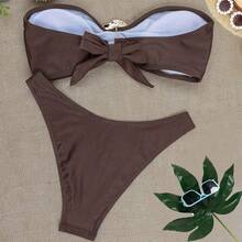 Women's Sexy Solid Pushup Bikini Set For Summer Beach Vacation - Coffee Brown - View 2