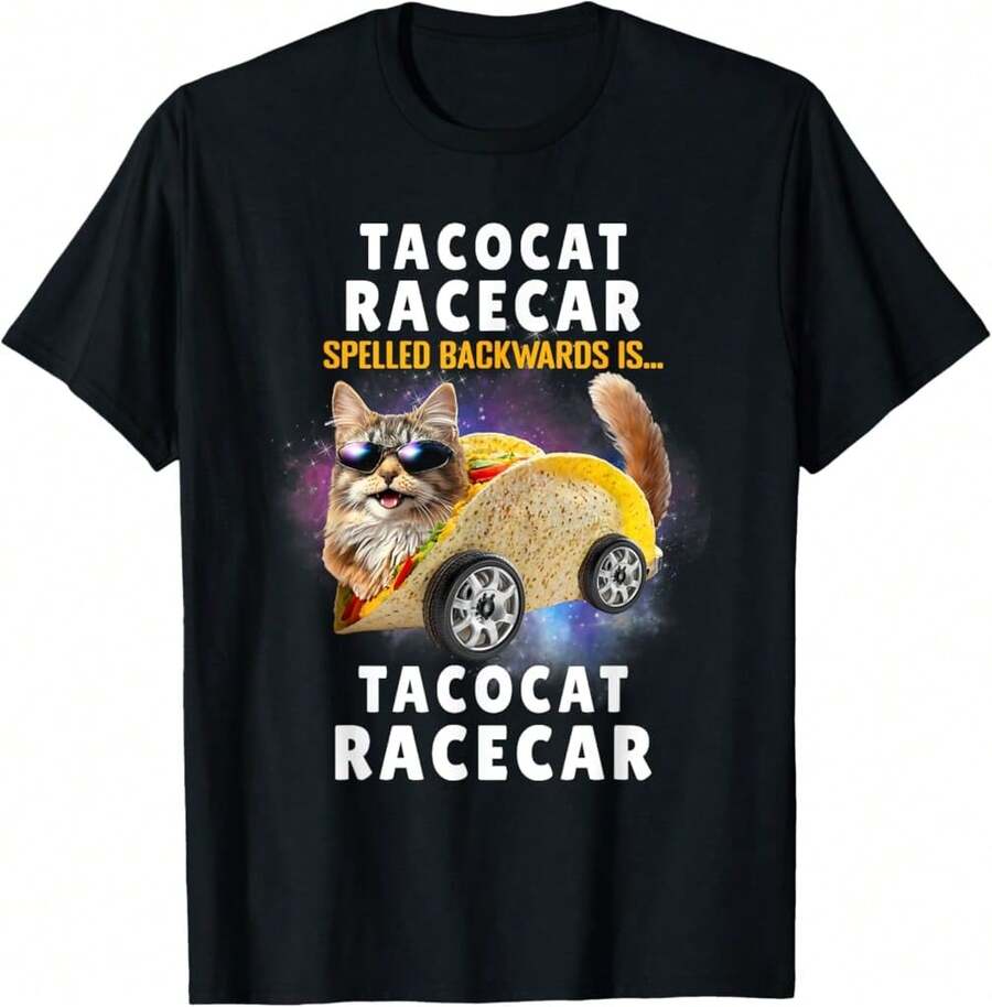 Tacocat Racecar Spelled Backwards Funny Mexican Car Taco Cat Basic-Cotton T-Shirt - Black - View 1