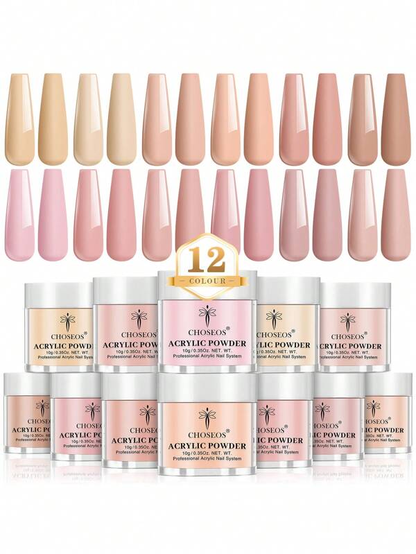 CHOSEOS 12pcs Nude Acrylic Crystal Powder Set, Salon-Quality Nails DIY At Home, Perfect For Beginners And Professionals