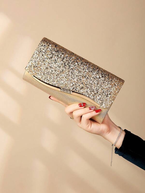 Sparkling Women's Evening Clutch Bag With Metal Decor, Detachable Shoulder Strap For Party, Prom, Wedding, Birthday Gift, Club
