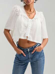 Women Short Sleeve Shirts Lace Ruffles Buttons Blouses Summer Loose Casual Tops - 米色 - 查看 1