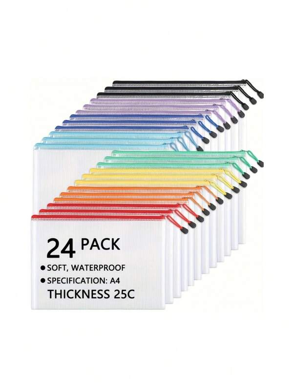 1 set van 24 waterdichte PVC-documententassen met rits, A4-formaat mappen en documententassen, zachte transparante tassen voor kantoorbenodigdheden, school, reizen, terug naar school, schoolbenodigdheden