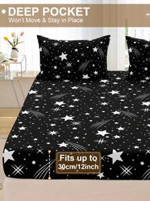 Set de 3 piezas que incluye 1 sábana ajustable con estampado de estrellas fugaces, 2 fundas de almohada, protector de colchón y cubierta de colchón para cama, suave y transpirable, para cama individual, doble, king y queen con bolsillo profundo de hasta 30 cm. Textil para el hogar.