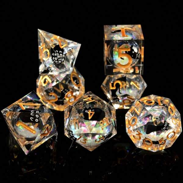 7pcs Cute Liquid Cat Resin Filled Polyhedral RPG Dice Set, Handmade Sharp Edge Role Playing Game Accessories, Suitable For Christmas, Birthday, Holiday Events, Parties, Valentine's Day, Gifts, Spring
