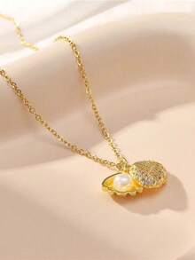 1pc Fashion Simple Micro-Inlaid Zirconia Faux Pearl Shell Necklace, Elegant Ocean Series Shell Shaped Faux Pearl Pendant Necklace, Ideal Gift For Girlfriend On Valentine's Day - Silver - View 3