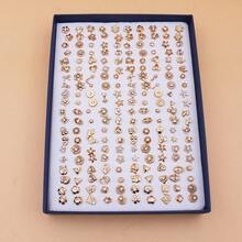 100 pares de pendientes de botón de plástico con cristales de color dorado en estilo de moda versátil y aleatorio, set con caja - Caja de oro y diamantes blancos - Ver 5