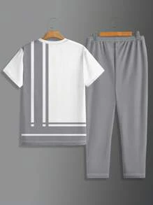 2pcs/Set Men's Sports Breathable & Comfortable Outfit, Premium Fabric Super Soft Gradient Casual Round Neck Short Sleeve Jogger Pants Set, Popular Set