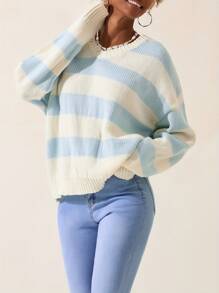 Women's Fall Striped Sweater Drop Shoulder Long Sleeve V-Neck Loose Knitted Tops