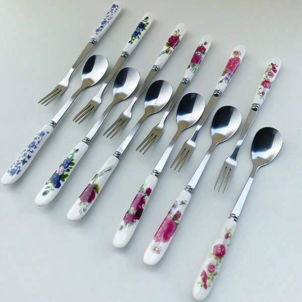 2-12pcs Ceramic Handle Stainless Steel Spoons, Korean Style Coated Coffee Spoon, Long Handle Stirring Spoon, Small Ice Cream/Fruit/Dessert Forks,School Supplies