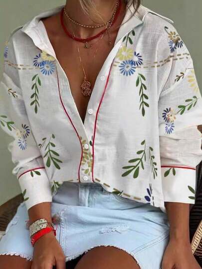 大码女士时尚大码纹理立领衬衫，带花卉和树叶印花和红色饰边