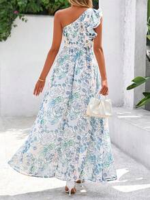 Women Summer Dress Floral One Shoulder Sleeveless Smocked Ruffle Flowy Long Dress With Pocket Boho Beach Vacation Holiday Wedding Guest Valentine Maxi Dress Outfits - 淺藍色 - 查看 2