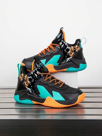 1 Pair Children's Basketball Shoes, Outdoor Sportswear, Casual Sneakers, Slip-Resistant, Durable, Fashion Design, Suitable For 10 Year Olds, Mixed Color Breathable Mesh