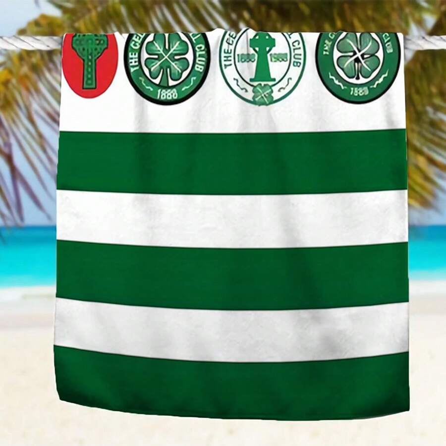 1pc Glasgow Celtic Beach Towel - Soft, Absorbent Polyester Blend, Green & White Striped With Star & Celtic Knot Design, Perfect For Summer Beach & Pool Use, Pool Towel Celtic Knot Design Absorbent Fabric, Beach Towel Travel Essentials Travel Accessories Beach Essentials