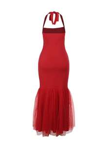 WOWDARK Women Summer Halter Fish Tail Patchwork Mini Dress, Party Dress, For Cocktail - Red - View 3