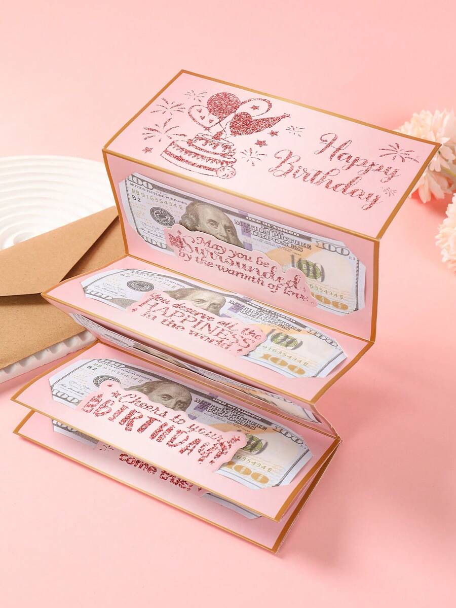 一套粉色和金色生日快乐折叠钞票卡片及信封，粉色和金色纸质折叠钞票卡片，生日派对惊喜现金礼物，周年纪念装饰折叠钞票卡片，生日庆祝现金装饰，生日派对装饰，生日快乐折叠钞票卡片及信封 - 有趣的现金赠送方式，生日装饰，生日礼物，派对礼品