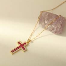 1pc Elegant Crystal Cross Pendant Necklace, Unisex - Stainless Steel, Gold Chain, Inlaid With Black, Transparent And Pink Gems, Versatile Jewelry Gift For Men And Women, Suitable For Casual Or Formal Occasions | Graceful Necklace | Cross Necklace