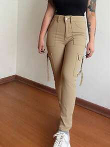 Quần denim cargo bó sát màu trơn phong cách Y2K dành cho nữ, mùa thu - Màu be - Xem 2