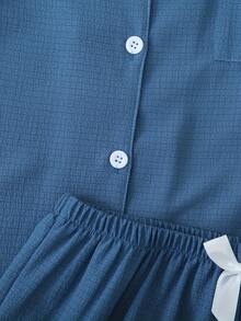 [Dreamery]1pc Women Solid Color Bubble Ruffle V-Neck Short Sleeve Shorts Pajama Set - Blue - View 8