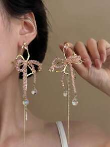 1 Pair Pink Crystal Butterfly Tassel Long Earrings, Unique Design Elegant Everyday Accessory