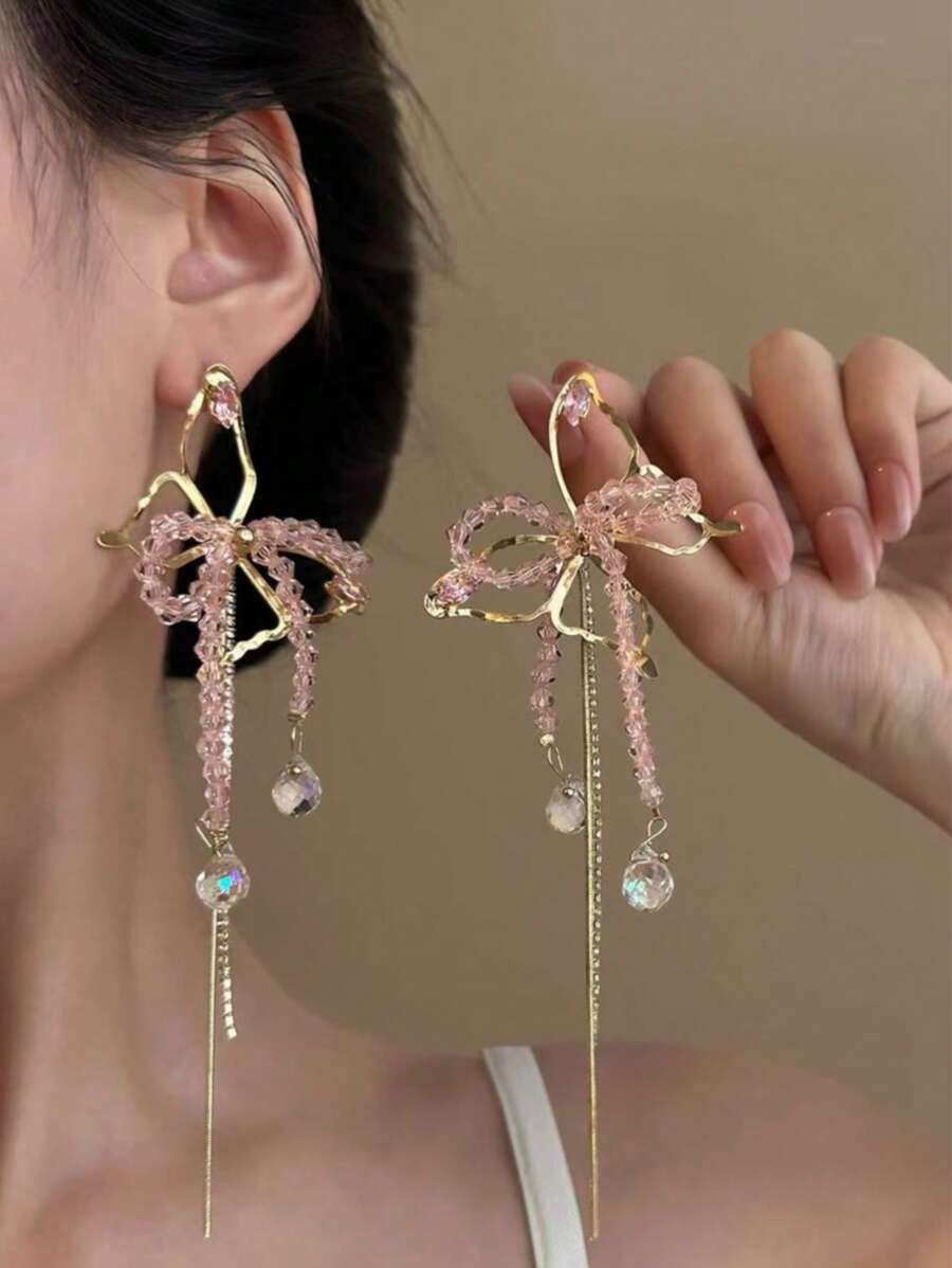 1 Pair Pink Crystal Butterfly Tassel Long Earrings, Unique Design Elegant Everyday Accessory