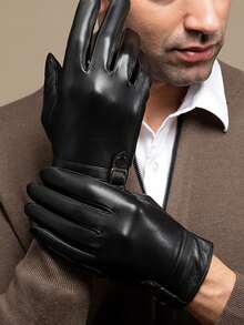 1 Pair Solid Color Casual PU Leather Men's Full Finger Touchscreen Gloves, Faux Sheepskin Faux Leather PU Gloves For Outdoor Sports Cycling, Windproof Waterproof Warm Autumn Outfits