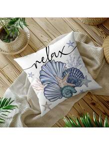 4pcs Polyester Pillowcase Set, Featuring Vintage Farmhouse Style Ocean Starfish Design With Blue And Seashell Details, Zippered Closure, Machine Washable - Ideal For Decorating Porch, Patio, Sofa And Outdoor Spaces (Pillow Inserts Not Included)