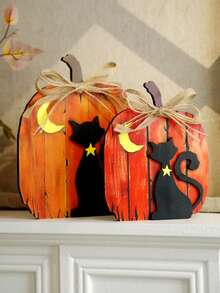 1 pezzo/2 pezzi Decorazione da tavolo in legno a forma di zucca e gatto per Ognissanti e Ringraziamento - Decorazione rustica da interno per l'autunno con luna, stelle e fiocchi di iuta per scaffali, camino, mensole, esposizione autunnale domestica
