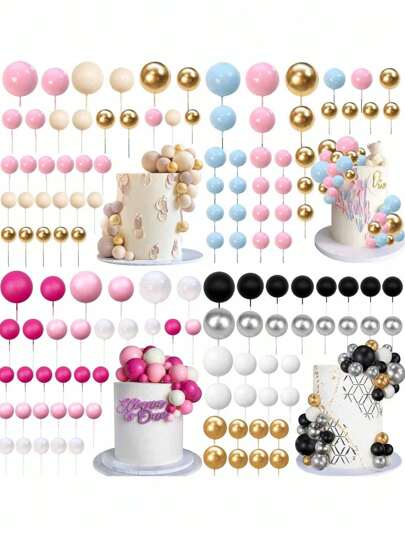 32pcs Colorful Ball Cake Toppers, Pink Beige Blue Black Gold Series Foam Ball Baking Cake DIY Accessories, Suitable For Birthday Cake Baptism Gender Reveal Party Cake Decorations, Wedding Retirement Party Theme Party Cake Decorations Men Women Cake Decorations, Mother's Day Cake Decorations