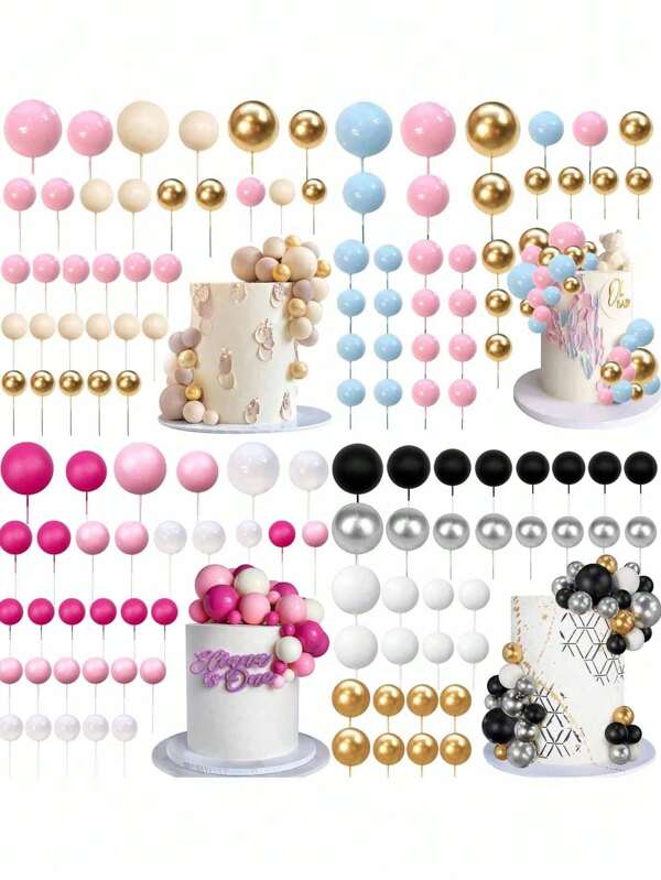 32 pezzi di decorazioni colorate per torte a forma di palline, serie rosa, beige, blu, nera e oro, palline in schiuma per decorare torte fai da te, adatte per torte di compleanno, battesimo, festa del gender reveal, matrimoni, pensionamenti, feste a tema, decorazioni per torte per uomini, donne e festa della mamma
