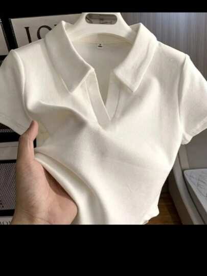 Camisa polo Feminina Manga curta Algodao  Simples    Casual    Malhado    Diário