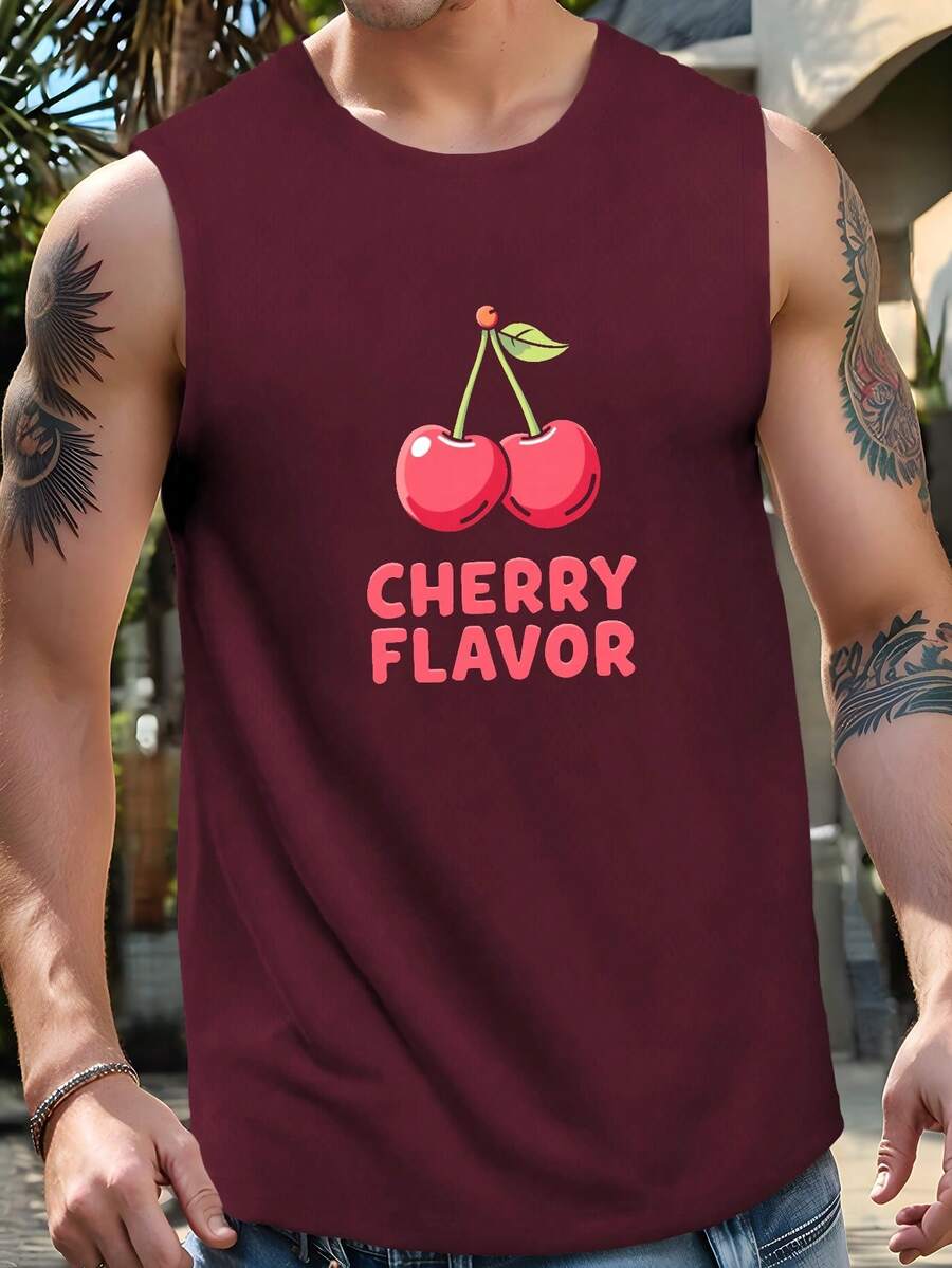 CHERRY FLAVOR With Cherries Print Men's Tank Top, Casual Sleeveless Athletic Tank Top, Breathable Comfy Tops - Dark Red - View 1