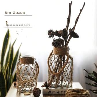 1pc Vintage Style Glass Vase With String Decor, Clear Dry Flower Decorative Pot, Suitable For Fresh & Dried Flowers, Living Room, Dining Table, Bedroom, Balcony, Christmas, Home Decors