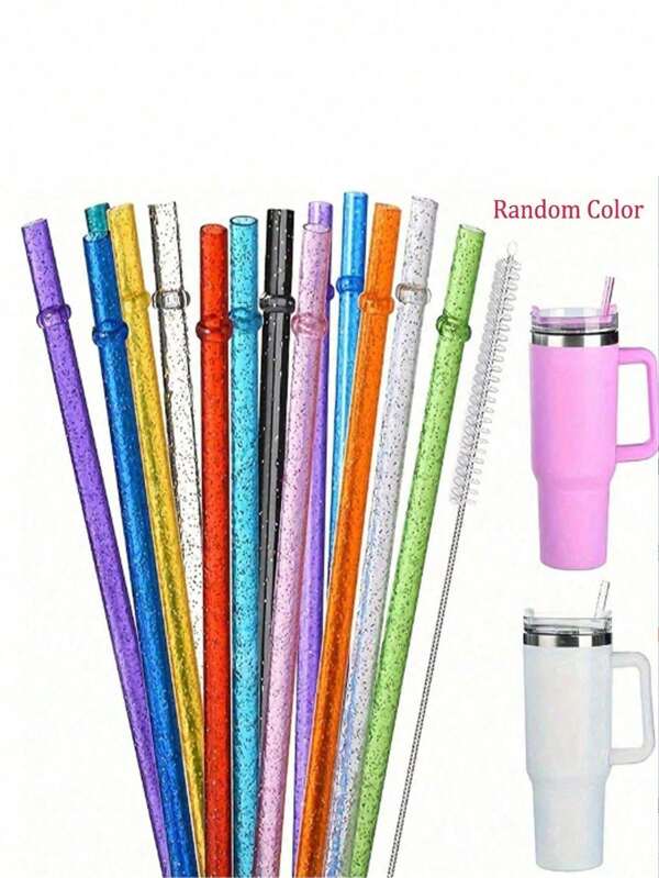 6pcs Plastic Glitter Pink Straws, Suitable For 24oz-30oz Mason Cup
