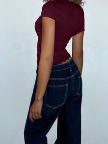 Women Deep V-Neck Short Sleeve Cross Wrap Top Slim Fit Casual Cropped Top Yoga Gym Bandage Workout Tie T Shirt - Màu Đỏ Sâu - Xem 3