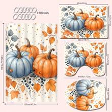 4 piezas Juego de cortina de ducha con tema de calabaza y hojas de otoño, cortina de baño impermeable y lavable de poliéster con ganchos, accesorios de baño, decoración de baño de vuelta al colegio - Multicolor - Ver 19