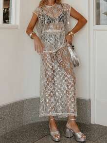 Women's 2 Piece Skirt Outfits Cap Sleeve Sheer Sequins Flower Tops Long Skirt Set - trắng - Xem 2
