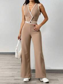 Conjunto de chaleco de verano de 2 piezas para mujer, con botones, chaleco y pantalones de pierna ancha - Caqui - Ver 3